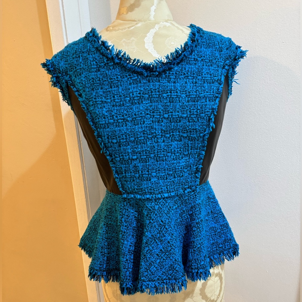 Leather Rebecca Taylor Tweed Turquoise Black Lined Peplum Zip Chic Top 4